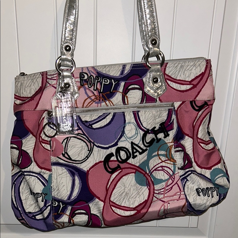 Coach Poppy Pink Purple Multicolor Signature Canvas Shoulder Bag